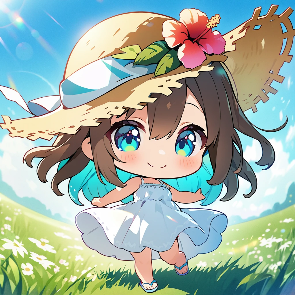 masterpiece, best quality, 4k、2D illustration, one beautiful girl, solo、(((chibi style)))、((vivid colors))、cute chibi, lovely chibi、((colorful))、((long beautiful hair)), glossy light brown hair, hair between eyes, cute, beautifully detailed eyes、((white summer dress))、((straw hat))、hibiscus hair ornament, flip-flops, ((happy smile))、((full body shot))、((summer grasslands))、((gentle breeze))、((blue sky))、sunbeam, white light, ((lens flare)), ((high color saturation)),