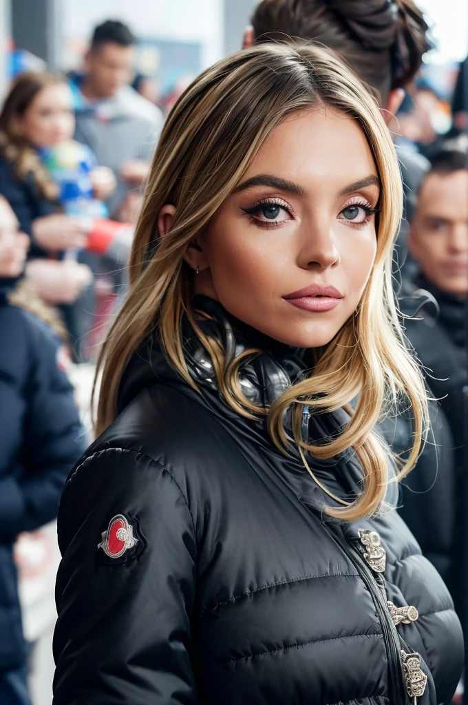 (photograph of Sydney, in black moncler silk puffer coat), ((looking at viewer)), photorealistic, large breasts, silk bra