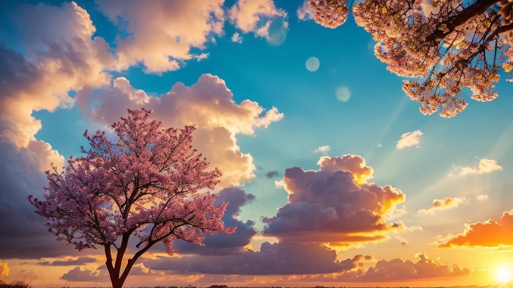 Under the expanse of blue sky, Vibrant flowers reach out towards the sun, Pink and white petals open. When the golden sun begins to rise、Fluffy clouds float leisurely in the background, Casting a warm glow on the tranquil landscape. This great photo is、It captures the essence of a serene morning., Where nature awakens in a symphony of color and light. Crisp and vivid details, Inviting viewers to immerse themselves in the beauty of the beginning of a new day.