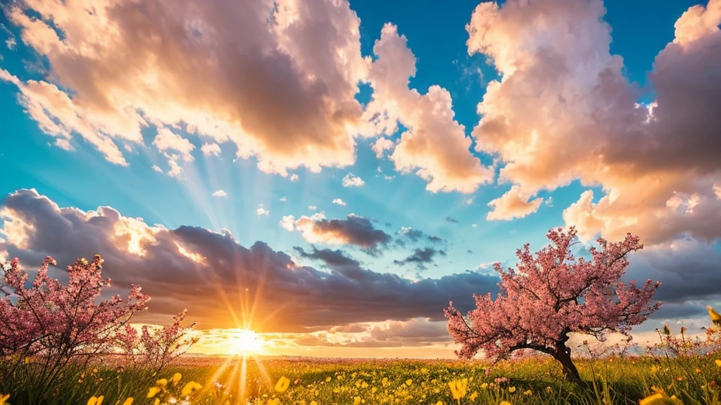 Under the expanse of blue sky, Vibrant flowers reach out towards the sun, Pink and white petals open. When the golden sun begins to rise、Fluffy clouds float leisurely in the background, Casting a warm glow on the tranquil landscape. This great photo is、It captures the essence of a serene morning., Where nature awakens in a symphony of color and light. Crisp and vivid details, Inviting viewers to immerse themselves in the beauty of the beginning of a new day.