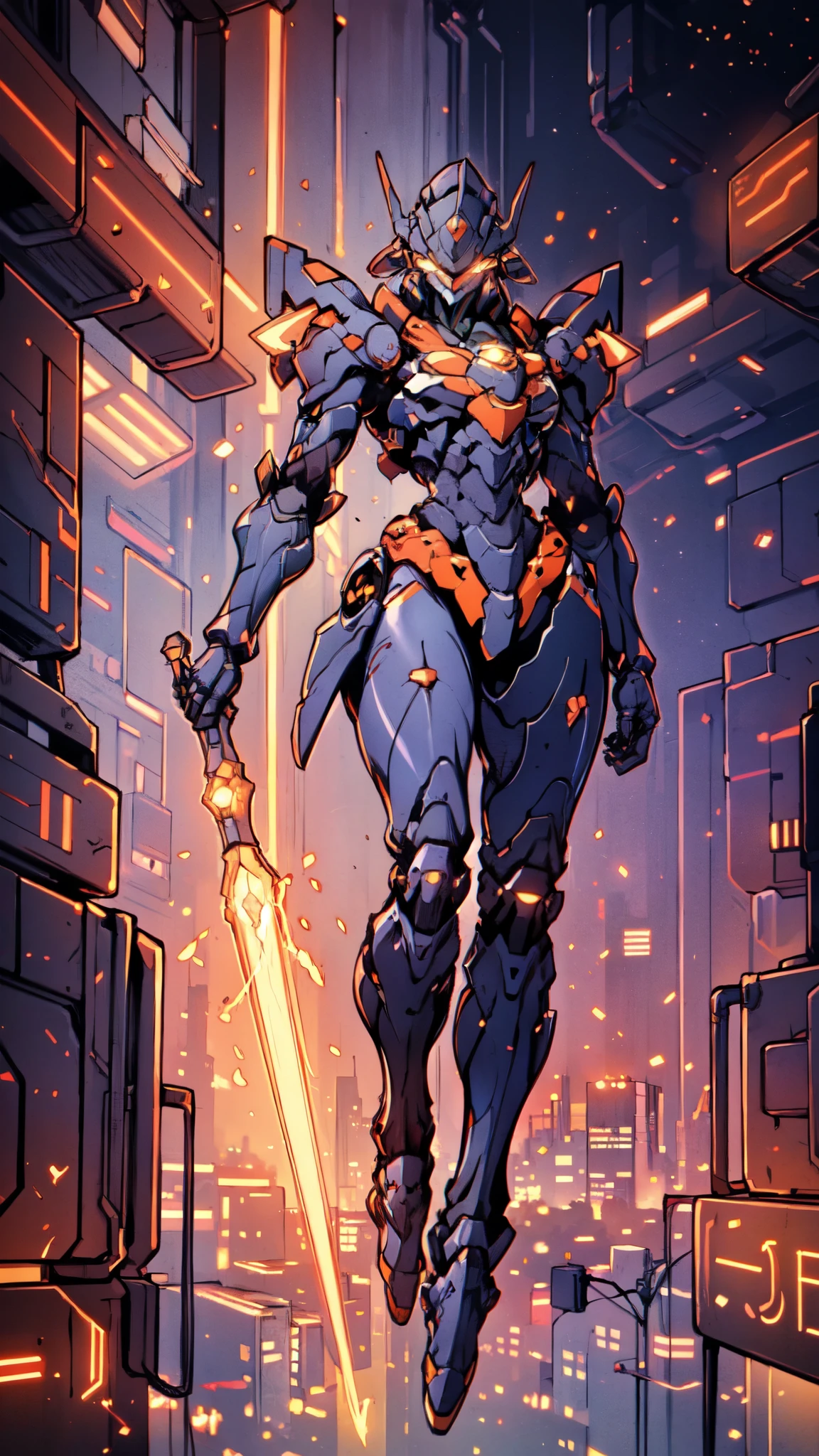 (masterpiece:1.5, best quality:1.5, extremely delicate:1.5), humanoid Mecha, fully enclosed shoulder guards, matching arm and leg guards, full body, full armor, the design balances heavy with agility, (the color scheme is primarily white with red and blue accents, the concept Inspired by Super robot, organic biotech armor, standing, floating high above the futuristic sci-fi city), exquisite and mature art style, (aura effect, energy, glowing eyes, the armor glows), metallic, dramatic, high definition, highres, ultra-detailed, ultra-fine painting, professional, perfect body proportions, anatomically correct, symmetrical face, extremely detailed eyes and face, high quality eyes, creativity, RAW photo, UHD, 32k, Natural light, cinematic lighting, masterpiece-anatomy-perfect