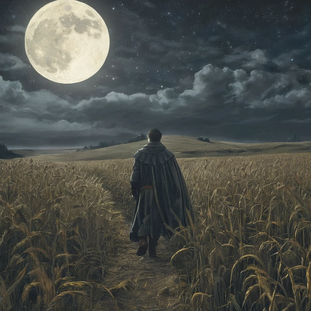 Create an image of a man walking through a vast wheatfield under the cover of night. The field, bathed in the soft, silvery light of a full moon, stretches endlessly into the darkness, with the golden stalks of wheat swaying gently in the breeze. The sky above is a deep, star-studded expanse, adding a touch of ethereal beauty to the scene.

The man is dressed in a detailed medieval outfit, consisting of a dark, weathered tunic, leather armor, and sturdy boots. His cloak billows lightly with each step, catching the moonlight and adding a sense of movement and drama. In one hand, he carries a bottle of beer, its glass catching glimmers of moonlight. He holds the bottle casually, as though savoring a moment of solitude or contemplation.

His expression is thoughtful, with a hint of weariness or introspection, as he walks through the field. The contrast between the medieval attire and the serene, natural setting evokes a sense of timelessness and escape from the complexities of his world.

This image captures a peaceful yet poignant moment of solitude in a dark medieval fantasy setting, highlighting themes of escape, reflection, and the simple pleasures found in nature.






