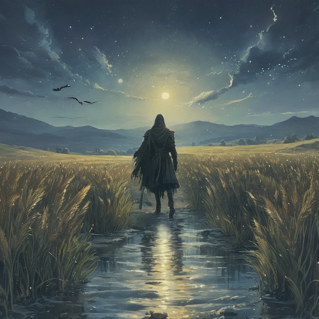 Create an image of a man walking through a vast wheatfield under the cover of night. The field, bathed in the soft, silvery light of a full moon, stretches endlessly into the darkness, with the golden stalks of wheat swaying gently in the breeze. The sky above is a deep, star-studded expanse, adding a touch of ethereal beauty to the scene.

The man is dressed in a detailed medieval outfit, consisting of a dark, weathered tunic, leather armor, and sturdy boots. His cloak billows lightly with each step, catching the moonlight and adding a sense of movement and drama. In one hand, he carries a bottle of beer, its glass catching glimmers of moonlight. He holds the bottle casually, as though savoring a moment of solitude or contemplation.

His expression is thoughtful, with a hint of weariness or introspection, as he walks through the field. The contrast between the medieval attire and the serene, natural setting evokes a sense of timelessness and escape from the complexities of his world.

This image captures a peaceful yet poignant moment of solitude in a dark medieval fantasy setting, highlighting themes of escape, reflection, and the simple pleasures found in nature.






