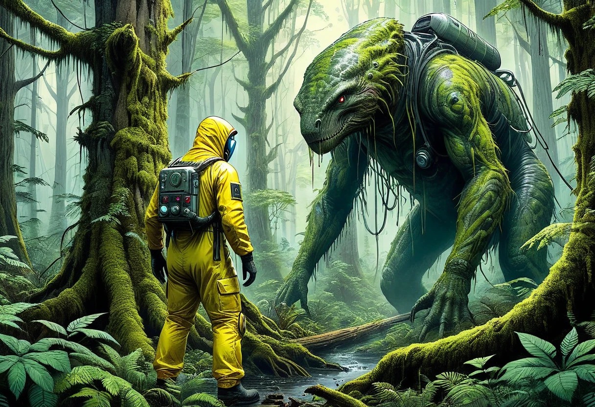 (((Masterpiece))) (((marked edges))) (((fully detailed))) toxic environment, Science fiction, temperate rainforest, 3 meter creature approaching between the trees., The creature wears a faint yellow anti-radiation suit.., You can&#39;t see his face through the glass of the suit, but you can see his bright eyes.., suit a little torn on the left hand, left hand with claw fingers, giant creature
