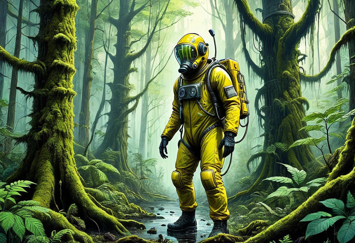 (((Masterpiece))) (((marked edges))) (((fully detailed))) toxic environment, Science fiction, temperate rainforest, 3 meter creature approaching between the trees., The creature wears a faint yellow anti-radiation suit.., You can't see his face through the glass of the suit, but you can see his bright eyes.., suit a little torn on the left hand, left hand with claw fingers, giant creature