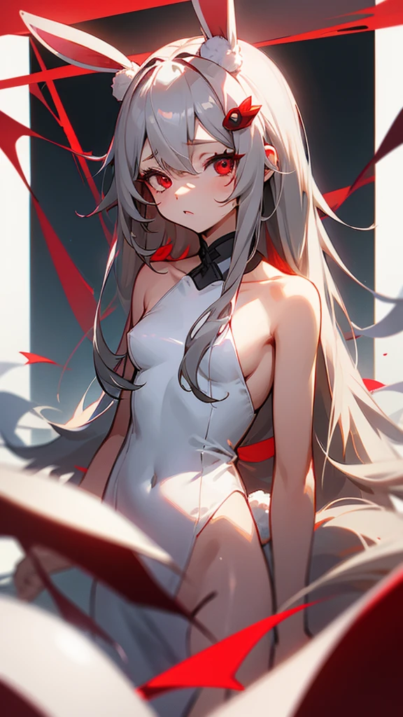 girl、Gray-haired、Long-haired、Red-eyed、Small breasts、Rabbit hair accessory、naked、 (Red eyes: 1.2)、