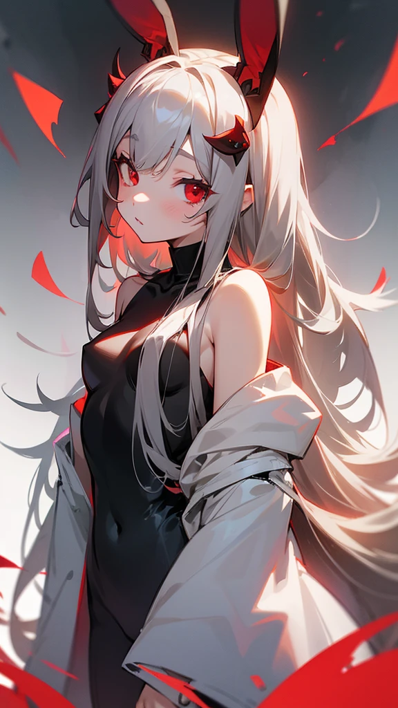 girl、Gray-haired、Long-haired、Red-eyed、Small breasts、Rabbit hair accessory、naked、 (Red eyes: 1.2)、