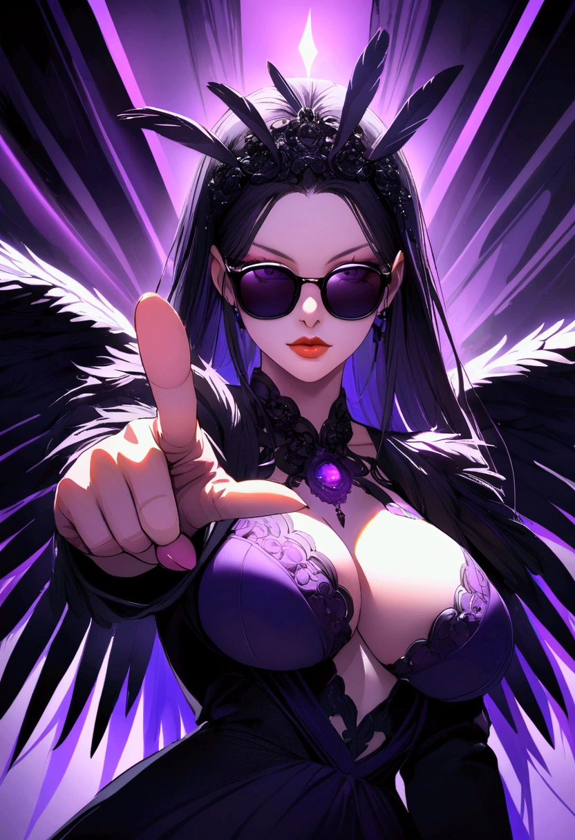 Strong and busty female hawk bird wearing sunglasses pointing finger at camera, image with purple lighting