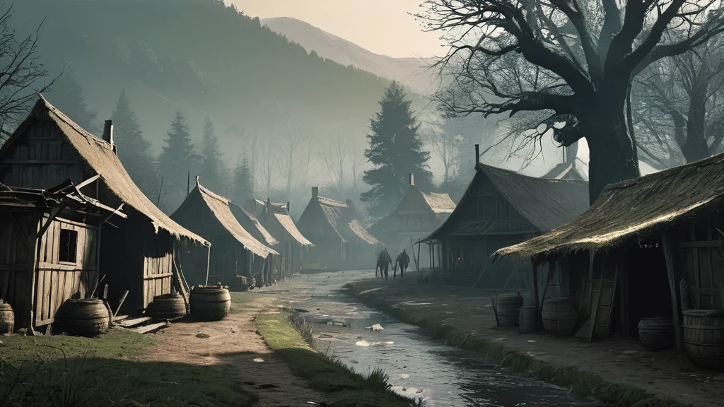 Create an image of a medieval village nestled in the heart of a dense, dark forest, experiencing a severe food crisis and hunger. The village, consisting of small, thatched-roof cottages and simple wooden structures, appears weathered and worn. The forest around it is imposing, with tall, ancient trees casting long shadows over the scene, adding to the sense of isolation and struggle.

Villagers, dressed in tattered clothing, move slowly and wearily through the muddy streets, their faces gaunt and eyes filled with desperation. A few empty market stalls stand abandoned, with only a handful of withered vegetables and scraps remaining. Smoke rises weakly from a few chimneys, indicating meager fires struggling to provide warmth.

Children, frail and listless, huddle together for warmth, while elders and adults gather around a central fire pit, discussing their dire situation with worried expressions. The forest looms ominously at the village's edge, its dark interior hinting at both potential danger and untapped resources.

Animals, once abundant, are now scarce, and the fields surrounding the village lie fallow, plagued by blight and neglect. A sense of quiet despair pervades the air, as the villagers grapple with the harsh reality of their dwindling food supplies and the threat of starvation.

This image captures the harsh and somber reality of a medieval village in the midst of a food crisis, highlighting themes of survival, community struggle, and the relentless challenges posed by nature in a dark medieval fantasy setting.