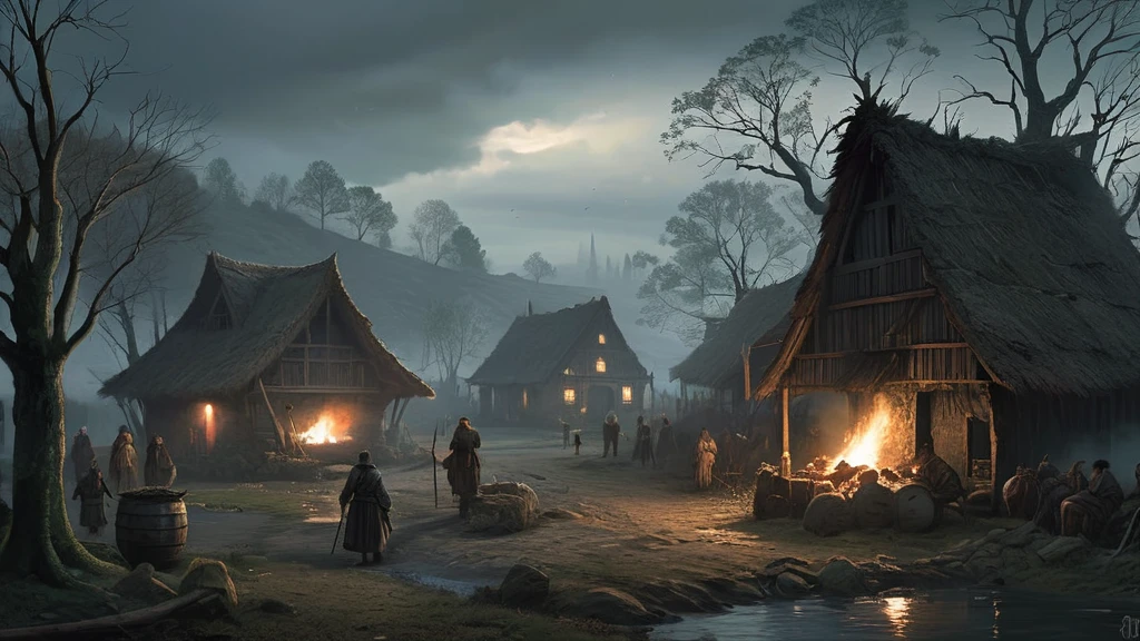 Create an image of a medieval village nestled in the heart of a dense, dark forest, experiencing a severe food crisis and hunger. The village, consisting of small, thatched-roof cottages and simple wooden structures, appears weathered and worn. The forest around it is imposing, with tall, ancient trees casting long shadows over the scene, adding to the sense of isolation and struggle.
Villagers, dressed in tattered clothing, move slowly and wearily through the muddy streets, their faces gaunt and eyes filled with desperation. A few empty market stalls stand abandoned, with only a handful of withered vegetables and scraps remaining. Smoke rises weakly from a few chimneys, indicating meager fires struggling to provide warmth.
Children, frail and listless, huddle together for warmth, while elders and adults gather around a central fire pit, discussing their dire situation with worried expressions. The forest looms ominously at the village's edge, its dark interior hinting at both potential danger and untapped resources.
Animals, once abundant, are now scarce, and the fields surrounding the village lie fallow, plagued by blight and neglect. A sense of quiet despair pervades the air, as the villagers grapple with the harsh reality of their dwindling food supplies and the threat of starvation.
This image captures the harsh and somber reality of a medieval village in the midst of a food crisis, highlighting themes of survival, community struggle, and the relentless challenges posed by nature in a dark medieval fantasy setting.