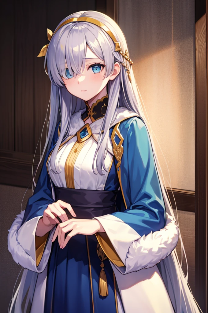 fgoAnastasia, Anastasia, blue eyes, Grey Hair, Hair between the eyes, (Hair on one eye:1.5), Long Hair, bangs,Upper Body,
break blue Cape, brown hair band, Cape, dress, Fur trim, hair band, Royal Robes, sash, tachi-e, white dress, Wide sleeves,
break looking at viewer,
break indoors,
break (masterpiece:1.2), Highest quality, High resolution, unity 8k wallpaper, (figure:0.8), (Beautiful attention to detail:1.6), Highly detailed face, Perfect lighting, Highly detailed CG, (Perfect hands, Perfect Anatomy),