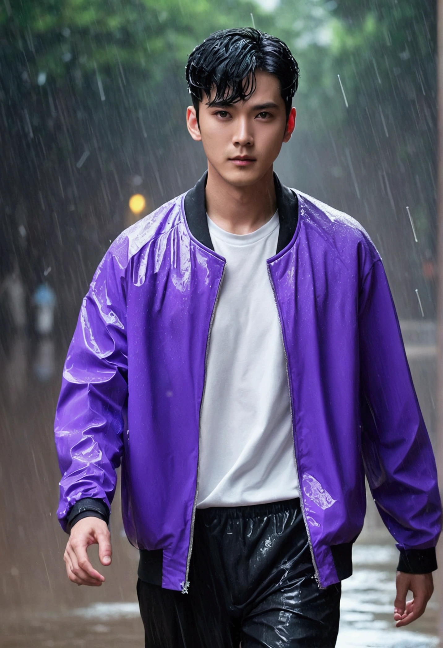 tmasterpiece，Need，Ultra-high resolution，shoun，(with short black hair)，Handsome man，Physical Education Student，Walk in the rain，glomy，Glowing purple eyes