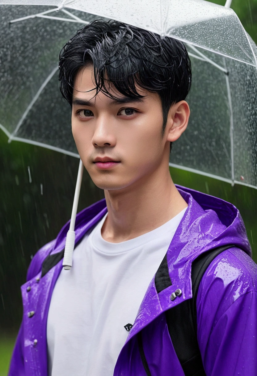 tmasterpiece，Need，Ultra-high resolution，shoun，(with short black hair)，Handsome man，Physical Education Student，Walk in the rain，glomy，Glowing purple eyes