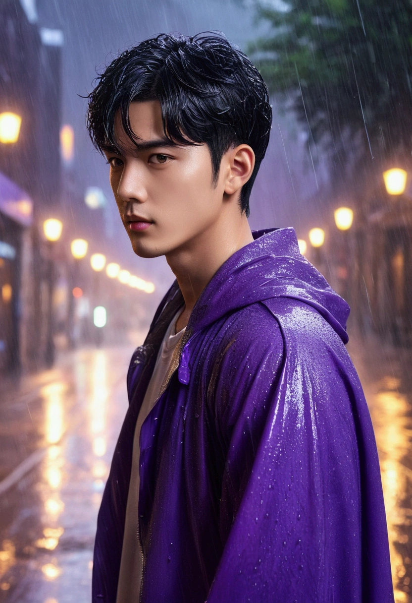 tmasterpiece，Need，Ultra-high resolution，shoun，(with short black hair)，Handsome man，Physical Education Student，Walk in the rain，glomy，Glowing purple eyes