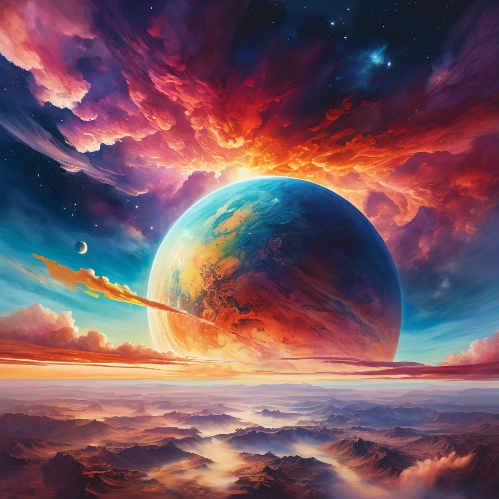 a watercolor illustration of a planet, detailed planetary surface, intricate cloud formations, vibrant color palette, glowing atmosphere, dramatic lighting, cinematic composition, ethereal and dreamlike, serene and tranquil, masterful brushstrokes, high quality, photorealistic