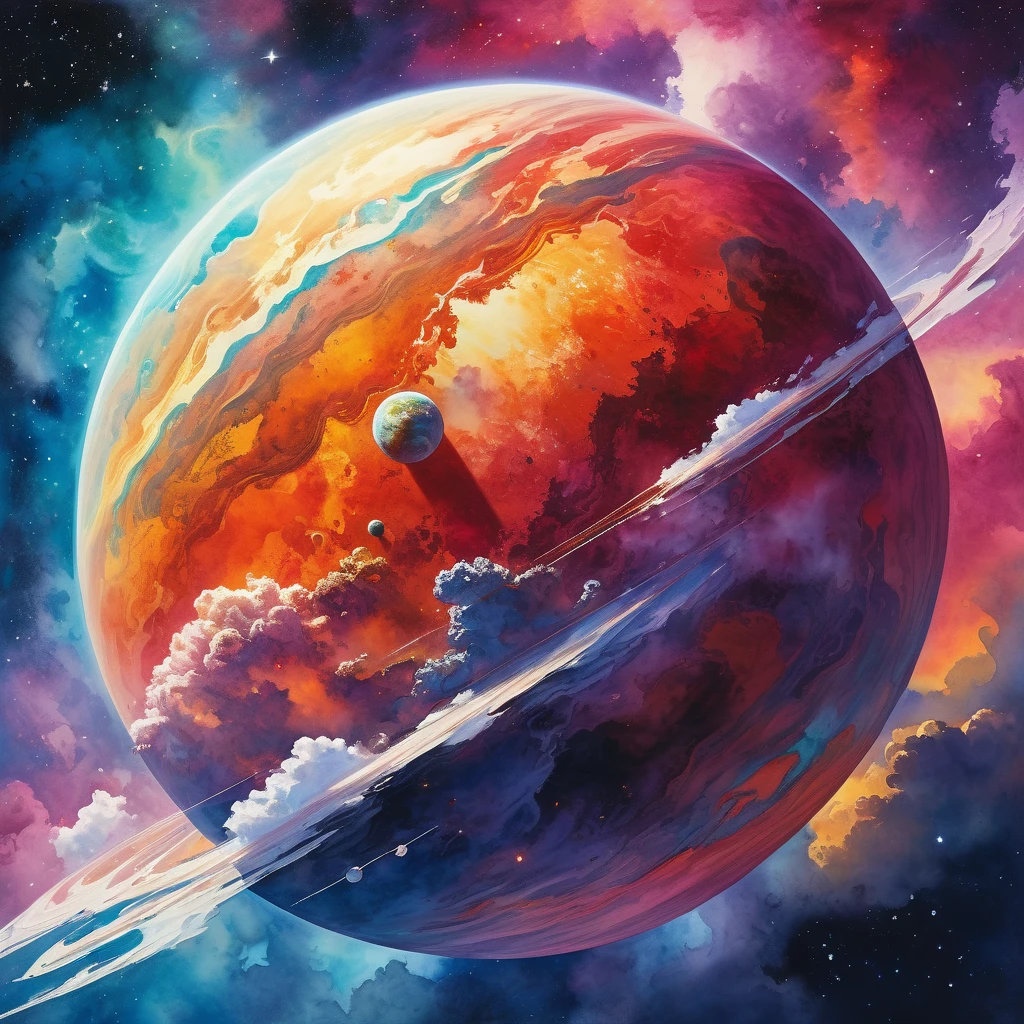 a watercolor illustration of a planet, detailed planetary surface, intricate cloud formations, vibrant color palette, glowing atmosphere, dramatic lighting, cinematic composition, ethereal and dreamlike, serene and tranquil, masterful brushstrokes, high quality, photorealistic