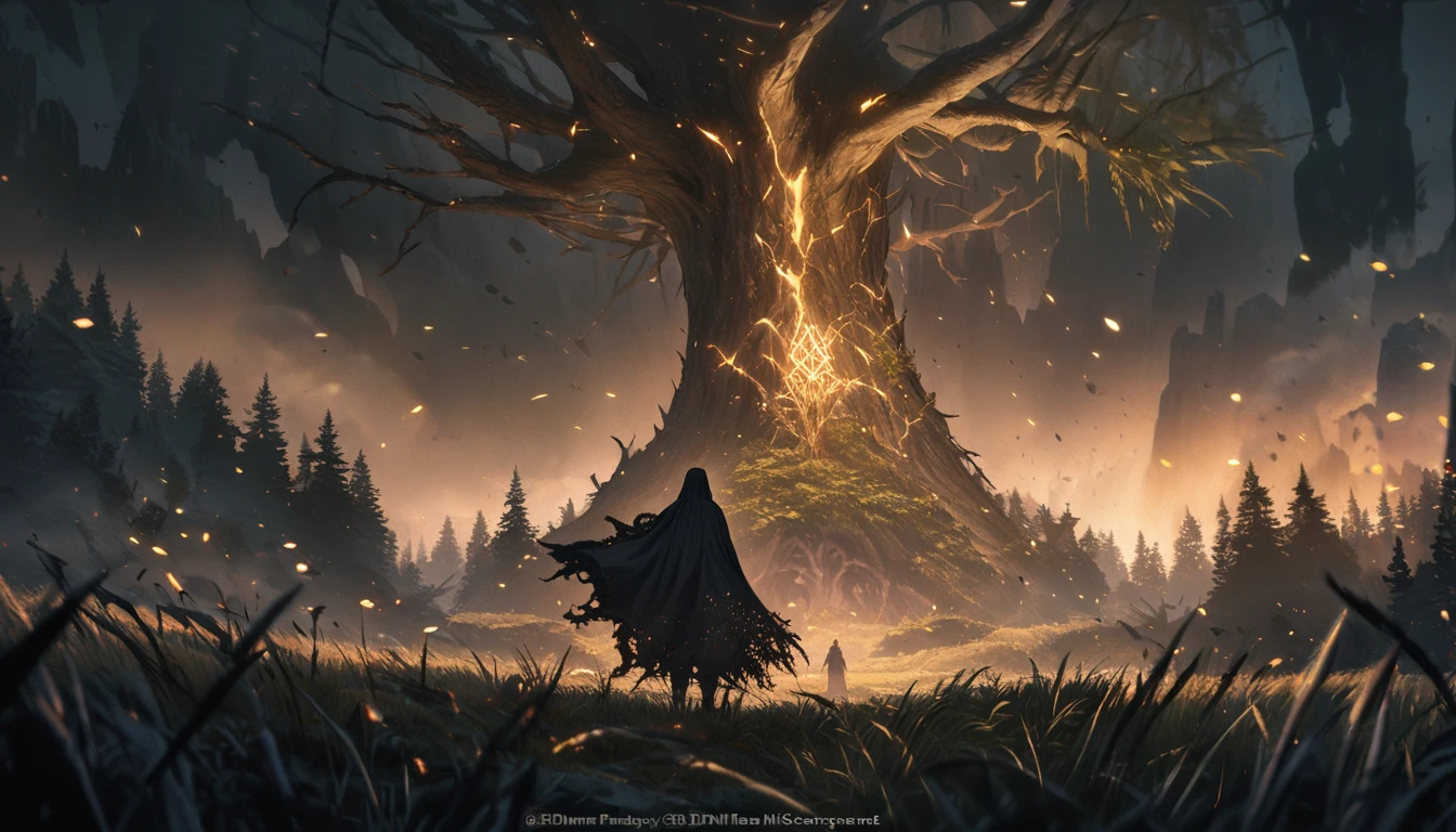 dark fantasy aestetics, elden ring, elden ring style dark night, dim light, huge cracked tree on the background, tree of the shdows, scatter tree, tree shines gold, veil covering the land, dark fantasy scene, cinematic sceme, breathtaking view, big grass field on the background, dark fantasy, horror, dnd, atmospheric perspective, perspective, wide shot, 4K, 8k, highres, high quality, masterpiece, best quality
