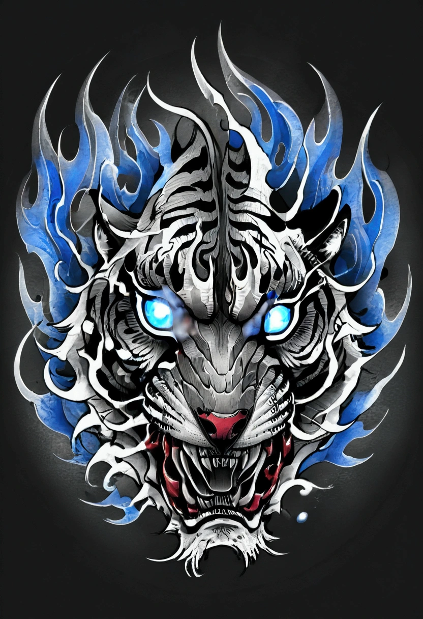 Black and gray realistic tattoo art of tiger with (((blue eyes))) with red fire splatter sketch effect ,he is with open mouth looking very fierce and angry