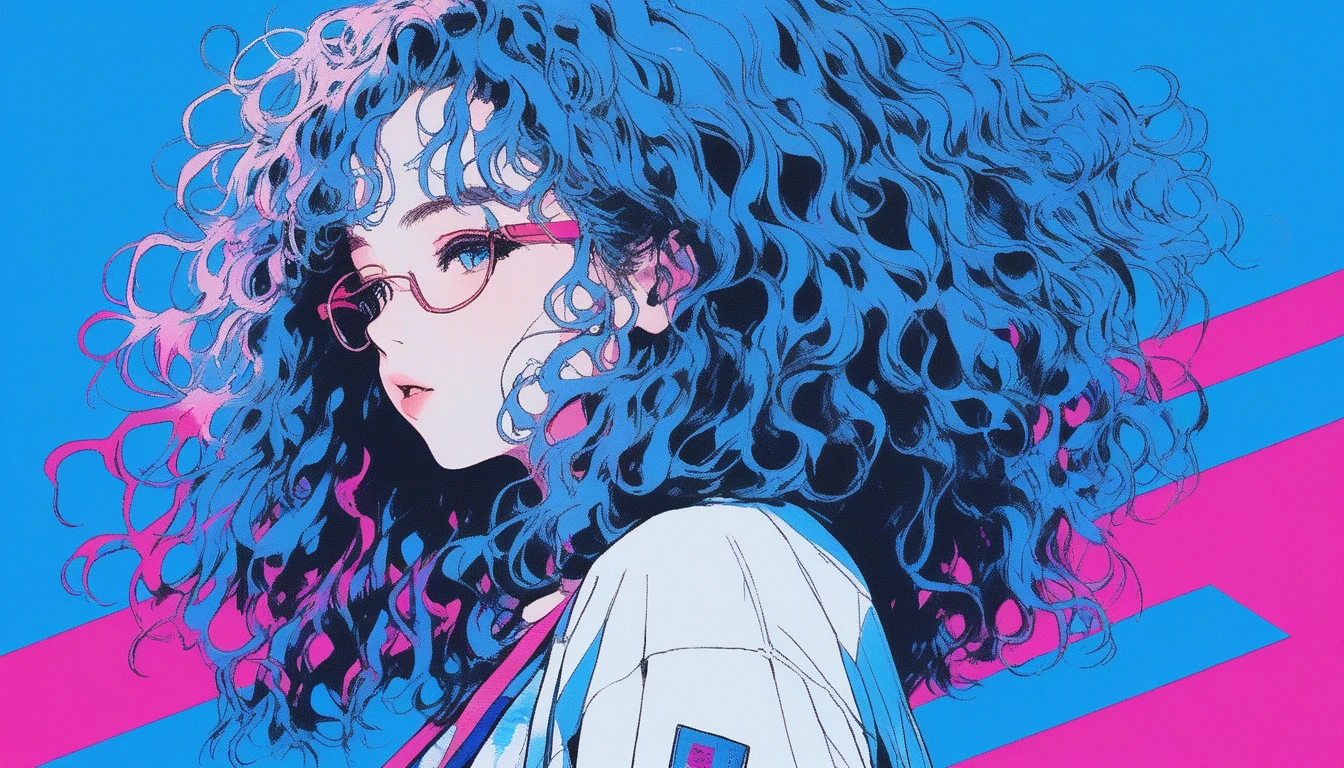 long curly straight hair,Illustrator, anime , Realistic ,sketch , 1 Girl, ,lip, tshirt,order, Blue gradient background, summer、Neon Hair,Textured Trim, Canadian, (masterpiece,Highest quality) Cancer、The cassette tape placed at the front、Realisticなカセットテープの大きさ、Cassette tape facing forward