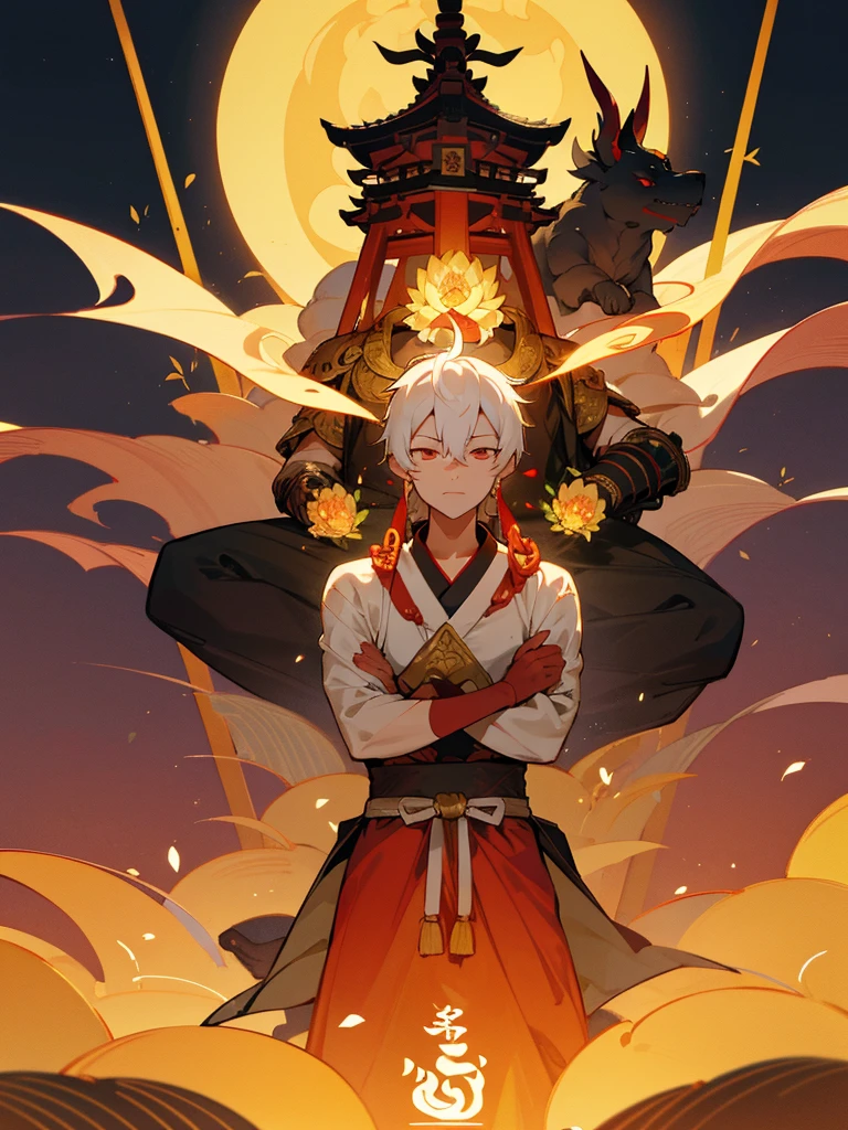 Dragon God Kannon Bodhisattva,Burning Eyes, horn, white short hair, black armor, torii, man, full moon, hands together in prayer, Zen meditation Golden guardian dog iPhone Lotus flower field Paradise 機械