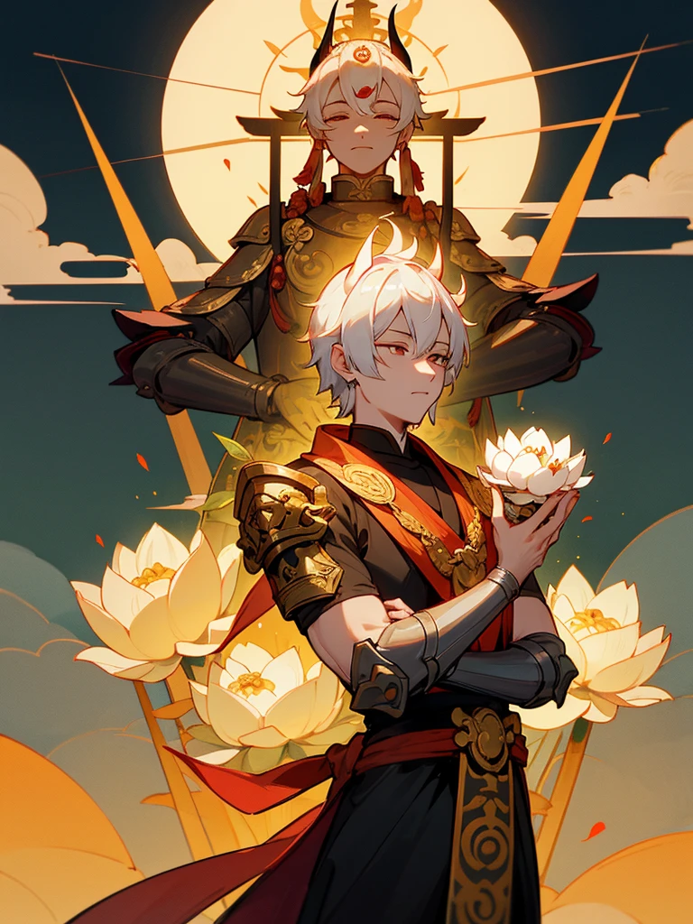 Dragon God Kannon Bodhisattva,Burning Eyes, horn, white short hair, black armor, torii, man, full moon, hands together in prayer, Zen meditation Golden guardian dog iPhone Lotus flower field Paradise 機械