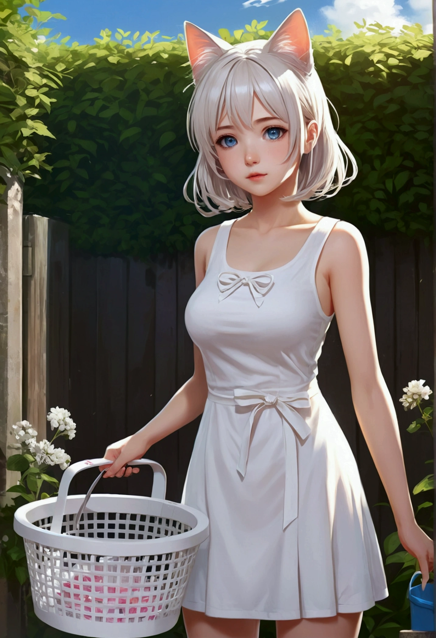 Cat-eared girl in white dress standing in garden, Break,silber hair,eBlue eyes,(((Sleeveless))),Hang laundry to dry,Holding a laundry basket with clothes,loli in dress, small curvaceous , Guviz-style artwork, Guweiz in Pixiv ArtStation, Guweiz on ArtStation Pixiv, Guviz, small girl, Soft anime illustration, Anime visuals of cute girls, Detailed digital anime art