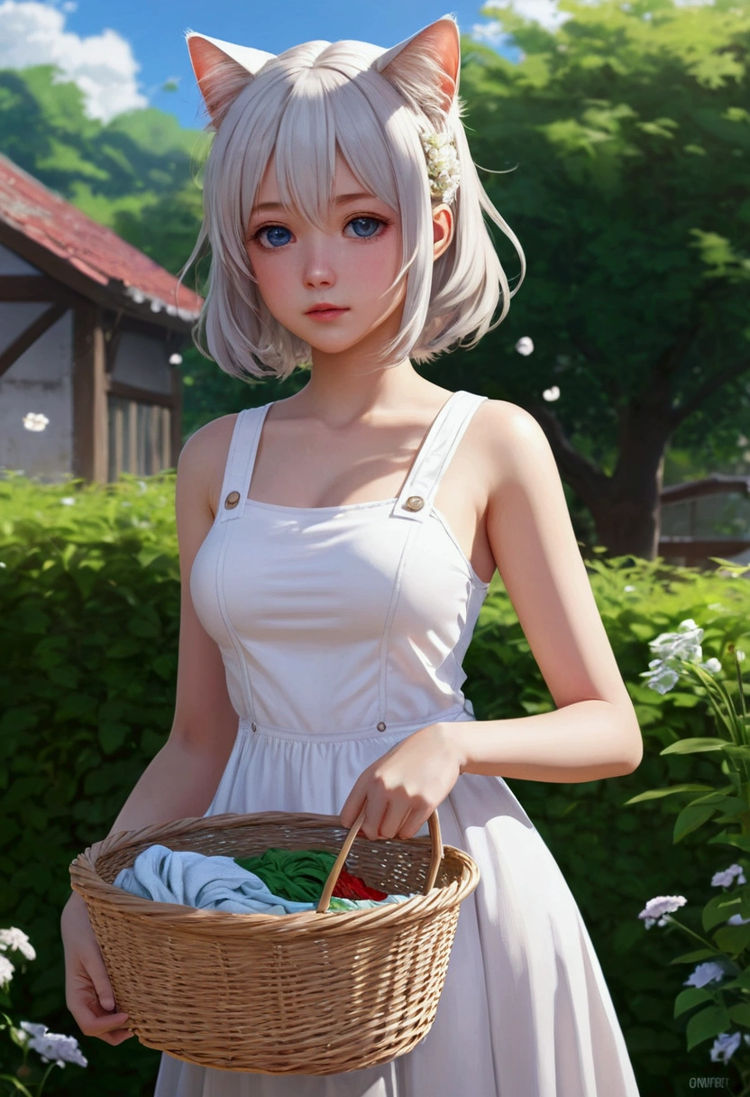 Cat-eared girl in white dress standing in garden, Break，silber hair，eBlue eyes，(((Sleeveless)))，Hang laundry to dry，Holding a laundry basket with clothes，loli in dress, small curvaceous , Guviz-style artwork, Guweiz in Pixiv ArtStation, Guweiz on ArtStation Pixiv, Guviz,   girl, Soft anime illustration, Anime visuals of cute girls, Detailed digital anime art