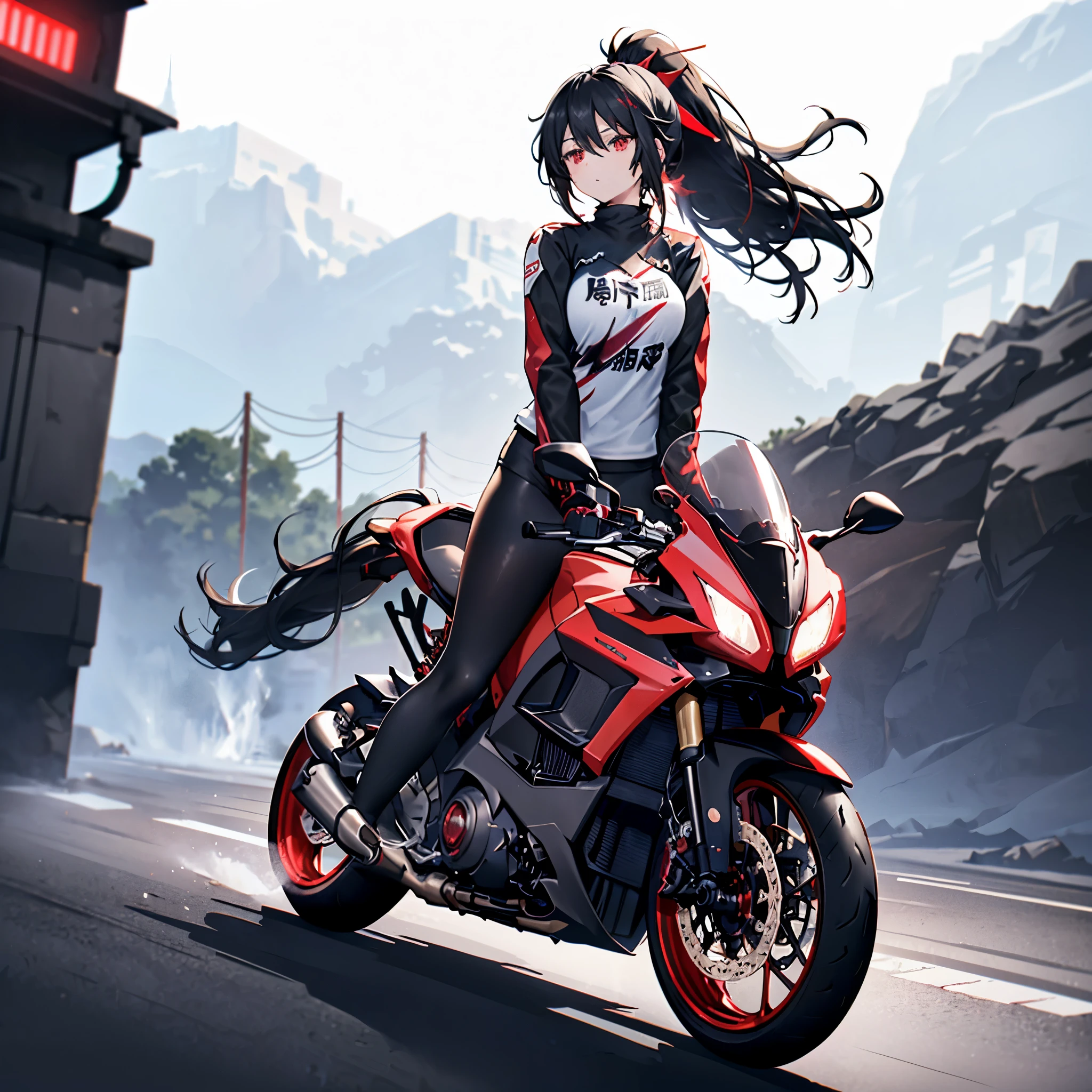 ((((Female rider、forward leaning posture　Full Body Tights、Black　Red Motorcycle、get on))))　(((Black Hair、ponytail、Blowing in the Wind　Bright red eyes)))　((Expressway、night))　Shining Edge　Shining Background