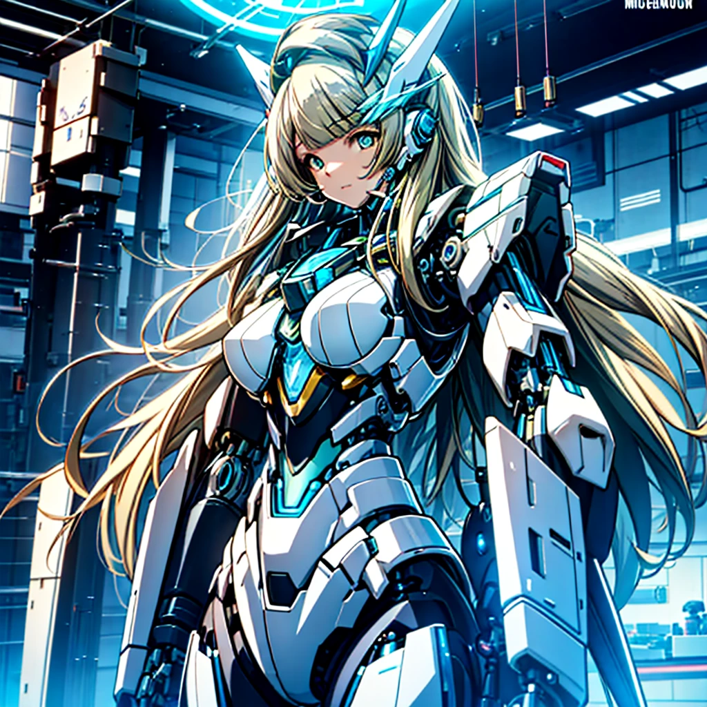 masterpiece, high quality, Inside the Institute of Mechanization、On the operating table during remodeling surgery、Minami Kotori, who has been turned into a mechanical body cyborg、Gynoid cyborg body modification surgery、Blue and white leotard armor、A precisely mechanized body、Single image、from the front,Put the whole body