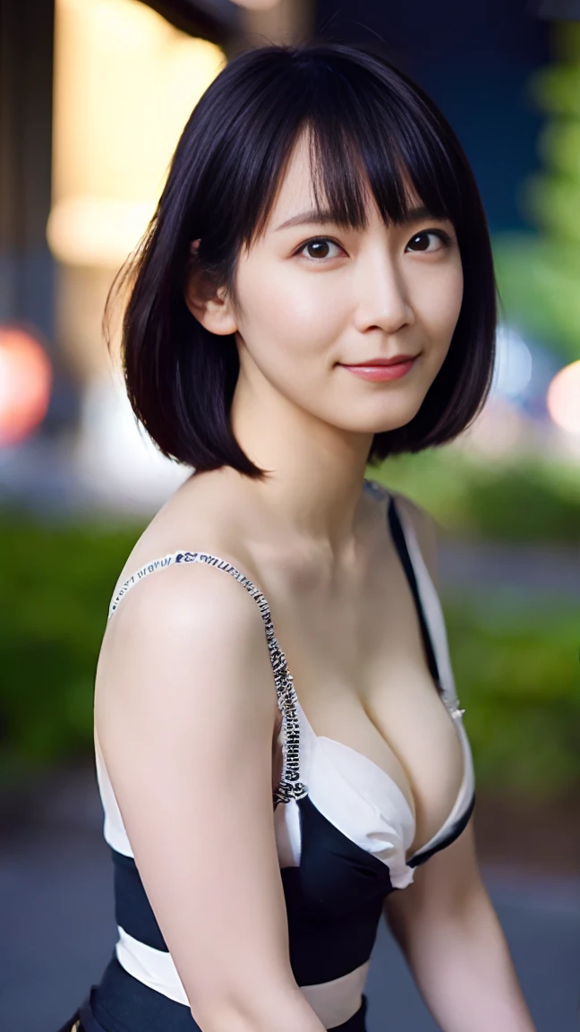 masutepiece, Best Quality, Photorealsitic, finely detail, hight resolution,beautiful japanese woman,beautiful detailed eyes, beautiful detailed lips, extremely detailed face, small head, small areola, cinematic lighting, photorealistic, 8k, high quality, hyper detailed, look at me,smile,(dress shirt),( pencil skirt:1.2),(short hair:1.2),(random outside location),(medium breasts:1.2),(portrait:1.3),slender,beautifull legs,(cleavage:1.3),(sexy posing),mini skirt, (bokeh:1.3) (black pantyhose:1.2),rihoyoshioka