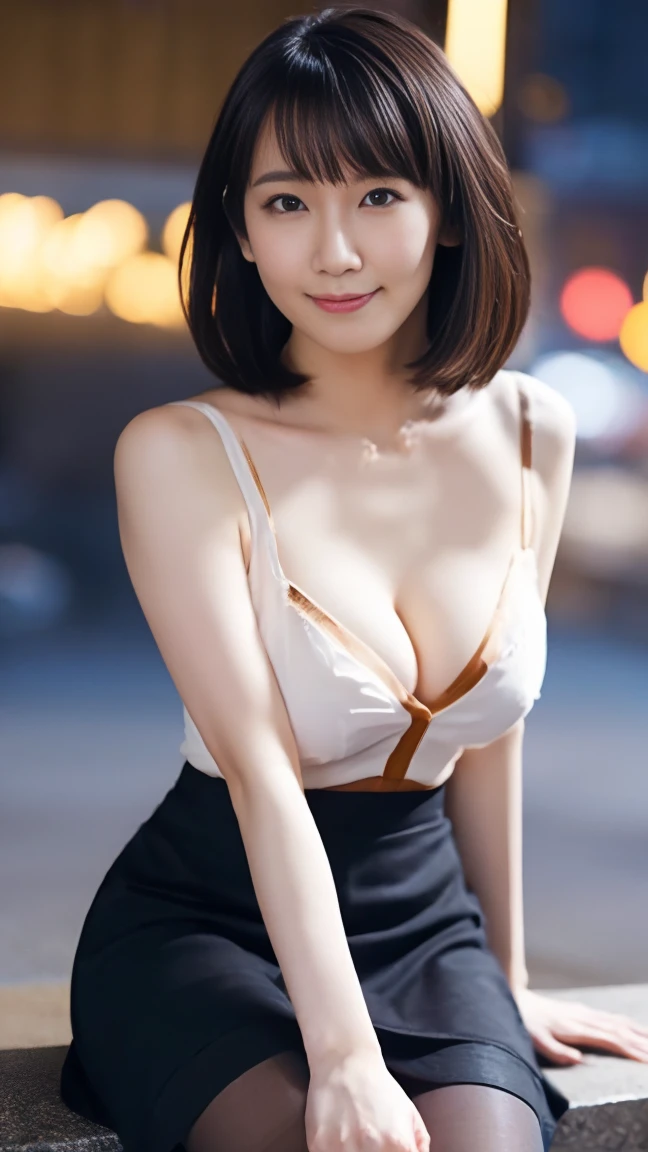 masutepiece, Best Quality, Photorealsitic, finely detail, hight resolution,beautiful japanese woman,beautiful detailed eyes, beautiful detailed lips, extremely detailed face, small head, small areola, cinematic lighting, photorealistic, 8k, high quality, hyper detailed, look at me,smile,(dress shirt),( pencil skirt:1.2),(short hair:1.2),(random outside location),(medium breasts:1.2),(portrait:1.3),slender,beautifull legs,(cleavage:1.3),(sexy posing),mini skirt, (bokeh:1.3) (black pantyhose:1.2),rihoyoshioka