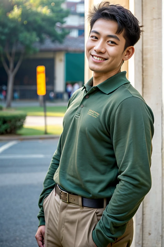 (best quality, 4K, 8k, high resolution, Masterpiece: 1.2), Special details, (realistically, As realistic as a photo, photo realistic: 1.37), Edge lighting, Extra detailed coloring, sharp focus, Physical rendering ,Extremely detailed description,professional,light color,Bokeh,Portrait,look at the viewer, Young Asian man, 20 years old ,(wearing a brown polo shirt), smile ,Square, Burma