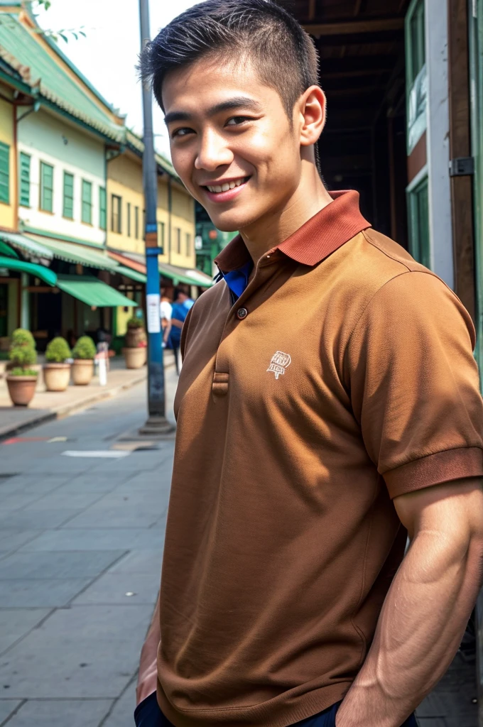 (best quality, 4K, 8k, high resolution, Masterpiece: 1.2), Special details, (realistically, As realistic as a photo, photo realistic: 1.37), Edge lighting, Extra detailed coloring, sharp focus, Physical rendering ,Extremely detailed description,professional,light color,Bokeh,Portrait,look at the viewer, Young Asian man, 20 years old ,(wearing a brown polo shirt), smile ,Square, Burma