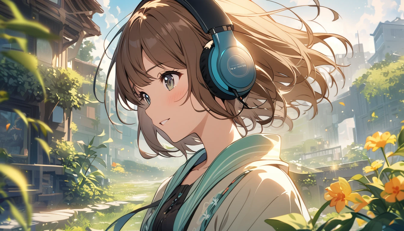 Girl wearing headphones,Brown Hair,1 person,Detailed Background,The Coming of Spring - Melody that makes you feel the breath of spring