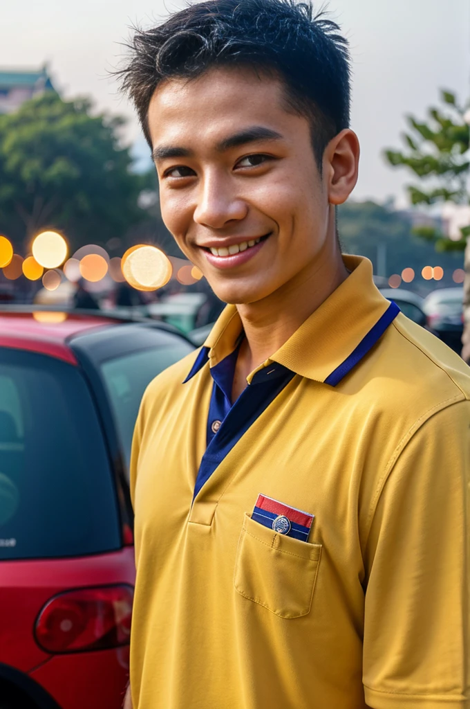 (best quality, 4K, 8k, high resolution, Masterpiece: 1.2), Special details, (realistically, As realistic as a photo, photo realistic: 1.37), Edge lighting, Extra detailed coloring, sharp focus, Physical rendering ,Extremely detailed description,professional,light color,Bokeh,Portrait,look at the viewer, Young Asian man, 20 years old ,(wearing a brown polo shirt), smile ,Square, Burma