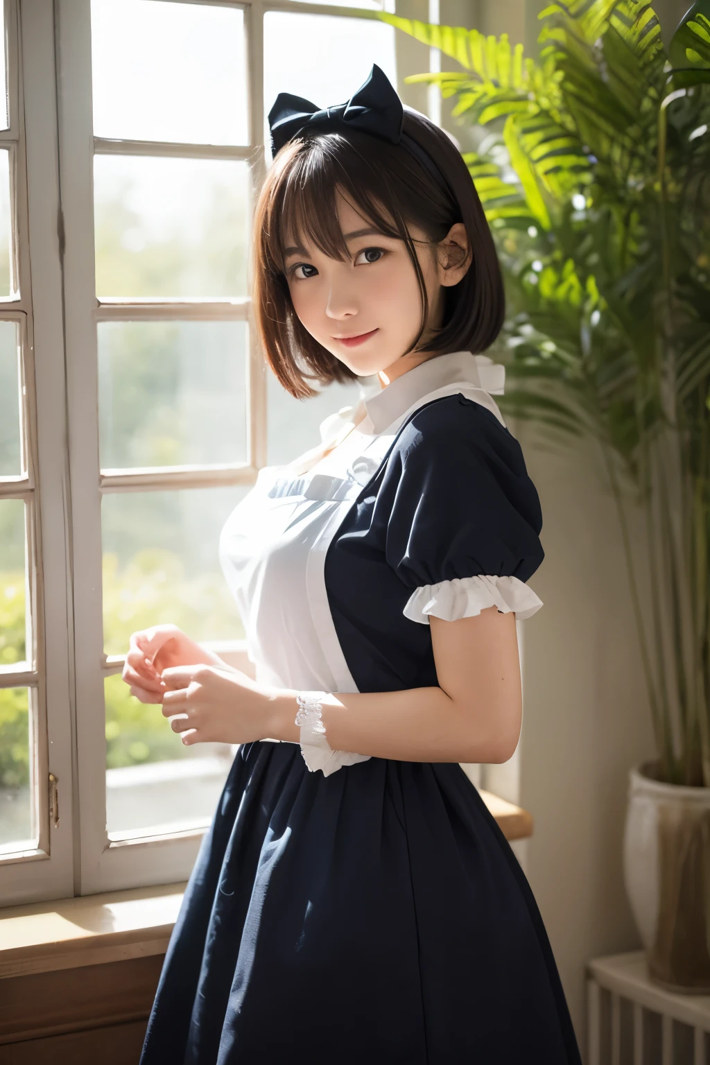 masterpiece、ultra-detailliert、8K、Awesome、Shorthair with bangs、Black Maid Outfit、Maid Cafe、smil、Sitting upright on the floor、Open legs