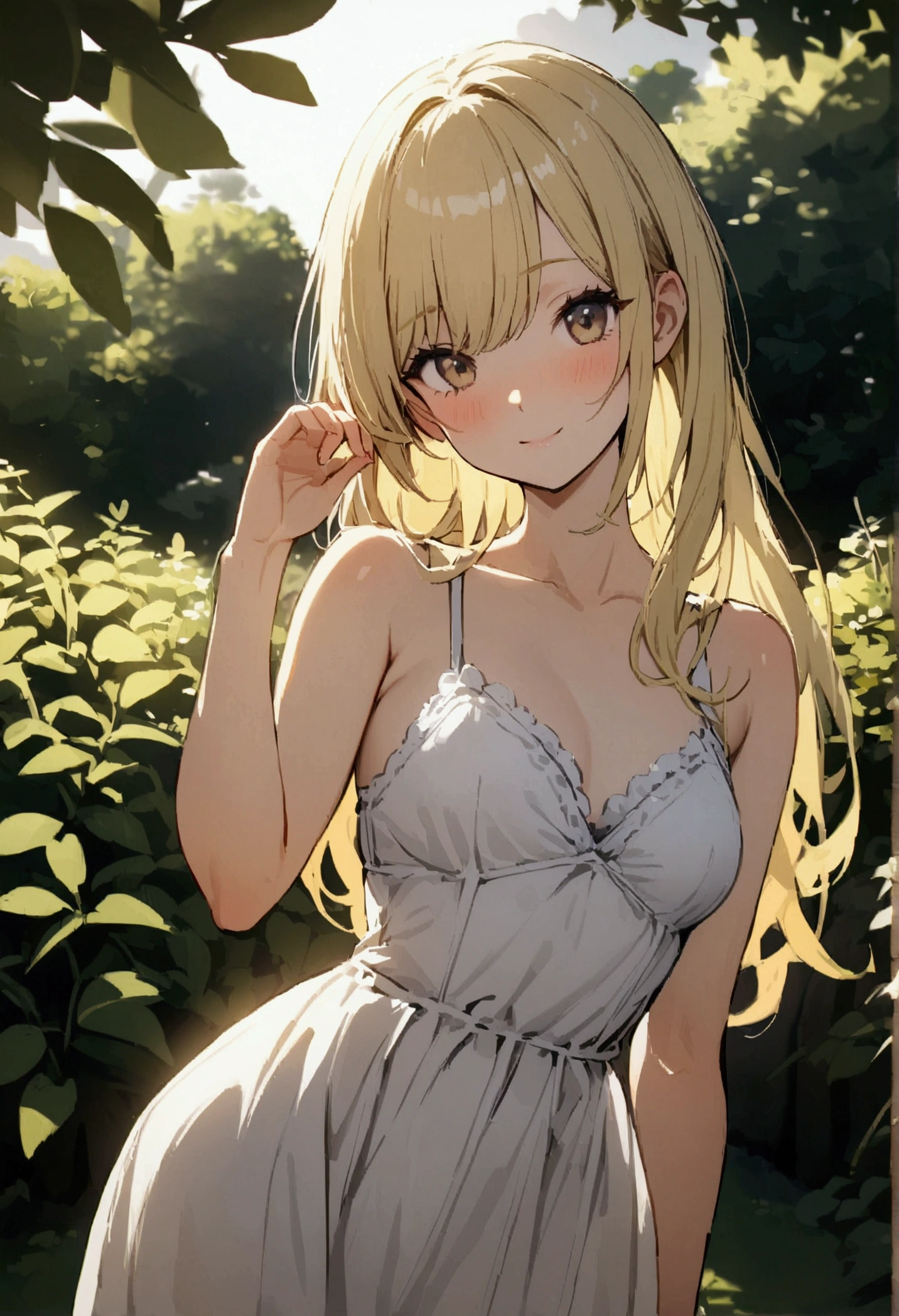 Blonde girl wearing a white fishtail dress is posing for a photo in the garden