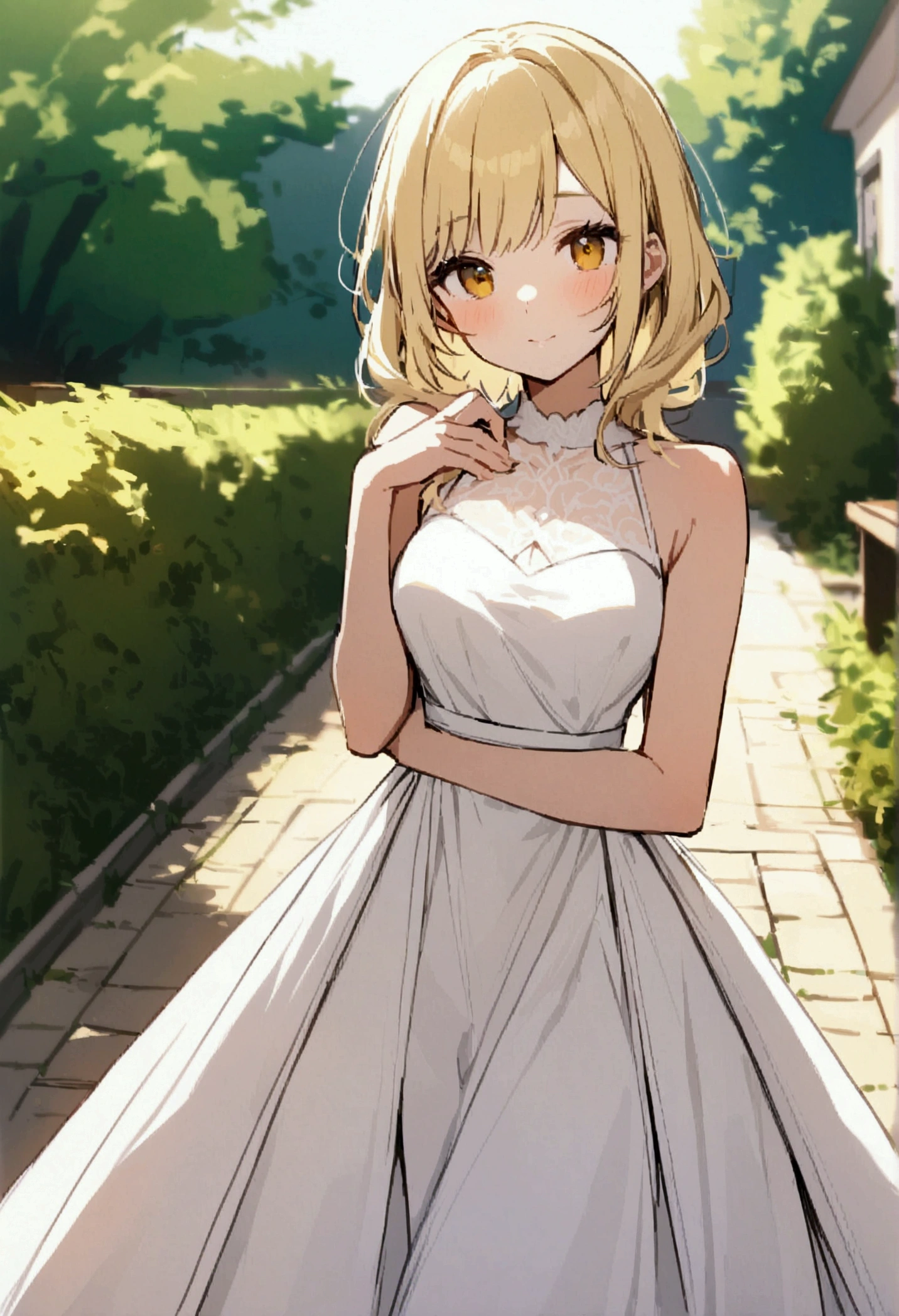 Blonde girl wearing a white fishtail dress is posing for a photo in the garden