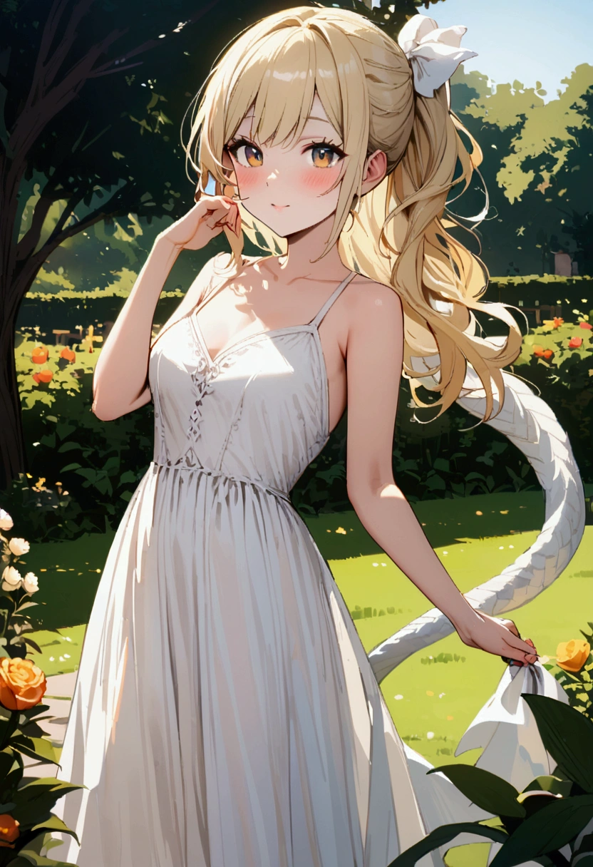 Blonde girl wearing a white fishtail dress is posing for a photo in the garden