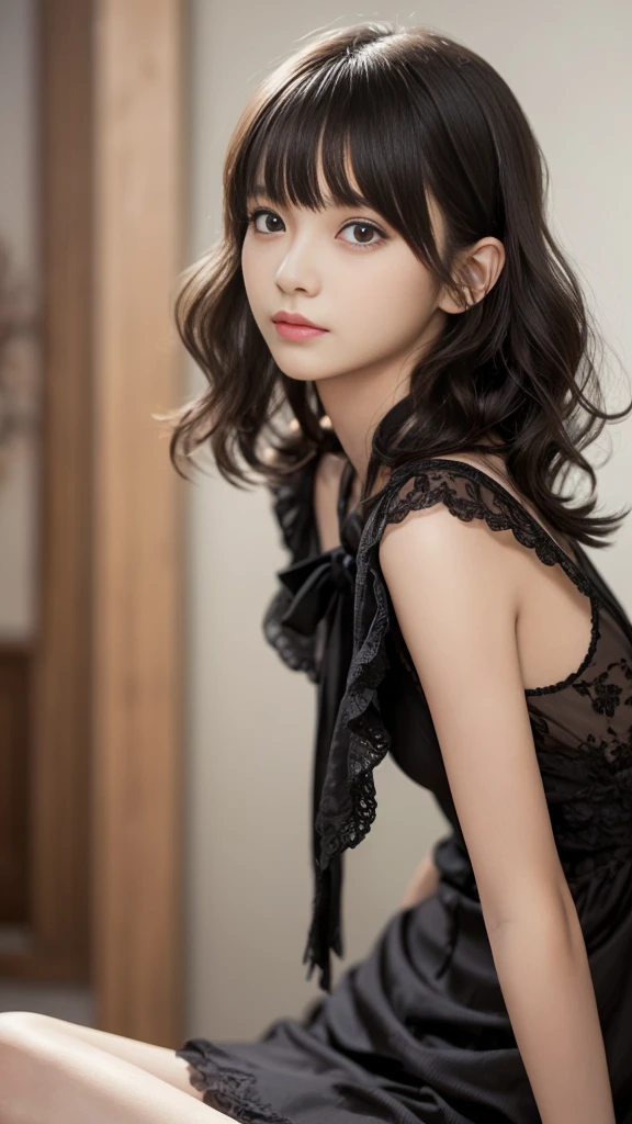 (Highest quality, Very detailed, masterpiece:1.2), 1 female, Very thin body, length, Thin legs, ((Black wavy short hair:1.2)), ((Thick and fluffy bangs)), Very detailedな顔,A faint smile, small, Thin Nose, small thin mouth, Extremely sharply focused eyes, Japanese, Beautiful Face, Realistic eyes, Beautiful and beautiful eyes, Realistic Skin, Beautiful Skin, charm, (Lively Faces), (flowing summer dress camisole evening), Creepy and unique hairstyles, High resolution, Vibrant color palette, , Tim Burton&#39;s signature dark shadows and strange details, Shooting from below,background