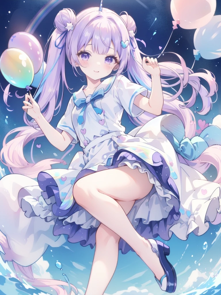 (whole body, legs and shoes visible: 1.2)) Expressive eyes, One girl, Pale skin, Long Hair, Windblown Hair, ((absurdly Long Hair)), Long Side Lock, Princess bangs, Hair bangs, Hair Bun, ((Very long twin tails)), Rainbow Hair, Light pink hair, blush, full face blush, big sparkling Pastel Purple eyes, (Gradient Eye), Laughing with your mouth open, cute pose, ((Holding a balloon : 1.3)) ((cute and pastel fashion)) ((🦄🎠🎈🎉 theme : 1.4)) A loose pastel dress, ((Dreamy multi-colored open dress)), (Floating ribbon), Lavender Frill, Pink frills, (Light blue lace), Removable short sleeves, Fluffy skirt, ((Rainbow and star printed skirt : 1.3)), ta Skirt, Purple ribbon, ((pom pom ribbon hair ornament : 1.4)), Multiple Bows, Striped lace stockings, (heart型のレッグガーター), cute (Pastel Purple) shoes ((Ultra-detailed clothing and fashion)) I'm watching you, Vintage Girl, blush, (Beautiful attention to detail), (Highly detailed CG Unity 8k wallpaper) (Best Shadow), ((Very delicate and beautiful)), (Detailed light), ((Depth of written boundary)) Big Head, Big, bright eyes, Moe, Splash Art, Cinema Lighting, Front view, volumetric lighting maximalist photo illustration k resolution high resolution intricate detailed complex key visuals precise linear ((Dreamy pastel sky background, Surrounded by sunset clouds, shooting star, Castle above the clouds)) ((Ultra-detailed landscapes, Foggy clouds, Hung by balloons, heart : 1.3))