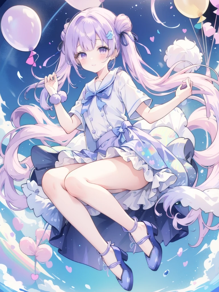 (whole body, legs and shoes visible: 1.2)) Expressive eyes, One girl, Pale skin, Long Hair, Windblown Hair, ((absurdly Long Hair)), Long Side Lock, Princess bangs, Hair bangs, Hair Bun, ((Very long twin tails)), Rainbow Hair, Light pink hair, blush, full face blush, big sparkling Pastel Purple eyes, (Gradient Eye), Laughing with your mouth open, cute pose, ((Holding a balloon : 1.3)) ((cute and pastel fashion)) ((🦄🎠🎈🎉 theme : 1.4)) A loose pastel dress, ((Dreamy multi-colored open dress)), (Floating ribbon), Lavender Frill, Pink frills, (Light blue lace), Removable short sleeves, Fluffy skirt, ((Rainbow and star printed skirt : 1.3)), Lolita Skirt, Purple ribbon, ((pom pom ribbon hair ornament : 1.4)), Multiple Bows, Striped lace stockings, (heart型のレッグガーター), cute (Pastel Purple) shoes ((Ultra-detailed clothing and fashion)) I&#39;m watching you, Vintage Girl, blush, (Beautiful attention to detail), (Highly detailed CG Unity 8k wallpaper) (Best Shadow), ((Very delicate and beautiful)), (Detailed light), ((Depth of written boundary)) Big Head, Big, bright eyes, Moe, Splash Art, Cinema Lighting, Front view, volumetric lighting maximalist photo illustration k resolution high resolution intricate detailed complex key visuals precise linear ((Dreamy pastel sky background, Surrounded by sunset clouds, shooting star, Castle above the clouds)) ((Ultra-detailed landscapes, Foggy clouds, Hung by balloons, heart : 1.3))
