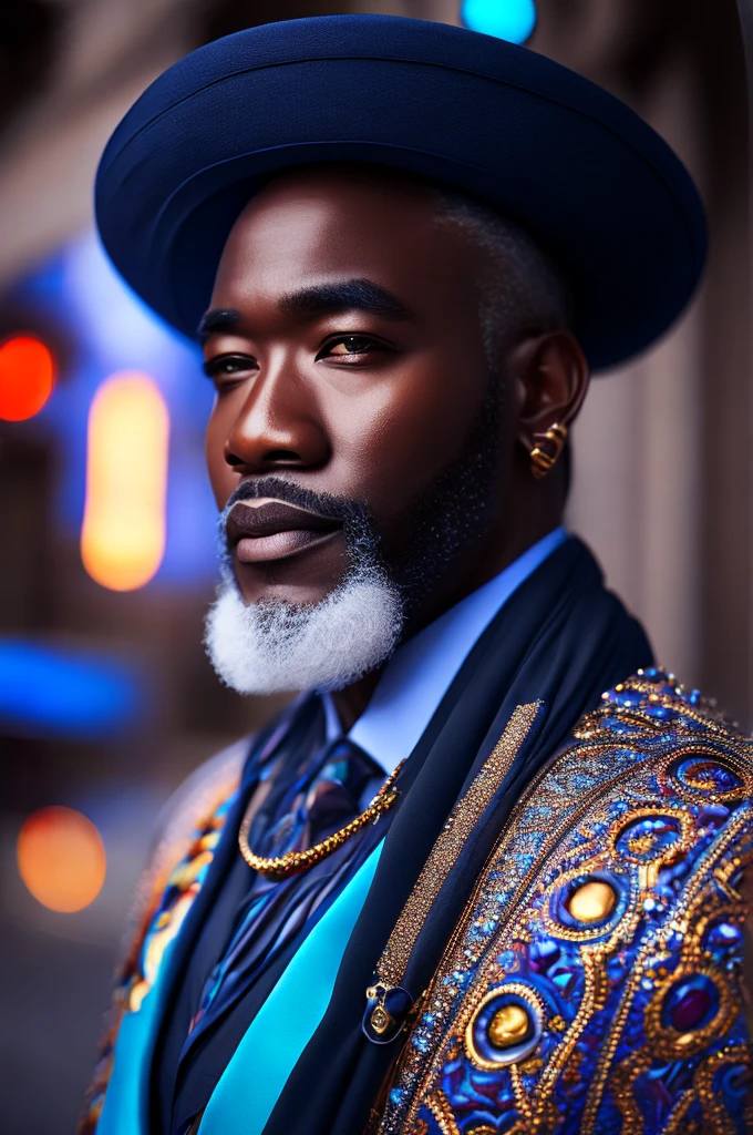 (AFRICAN man fashionista portrait, senior citizen, big white beard, very elegant, 1950s with intricate colored and colored glass), cabelo fofo colorful, expression serious (extremely detailed digital photography: 1.2), Standing in the middle of the city, (((fully body))), raw image,, hasselblad, 50wing, f8, 12 millimeters, glow effects, godrays, handdrawn, to loan, 8k, octan render, 4d cinema, Blender, tenebrosa, atmospheric 4K ultra detailed, cinematic sensual, sharp focus, humorous illustration, big depth of field, Masterpiece artwork, colors, 3d octane render, 4K, conceptual artwork, trending in the artstation, hyper realist, colors vivas, ring light, extremely detailed CG unity wallpaper 8k, trending in artstation, trend in CGSociety, Pop Art style by Erik Madigan Heck, intrikate, high détail, Dramatic , pure energy, light particles, scientific fiction