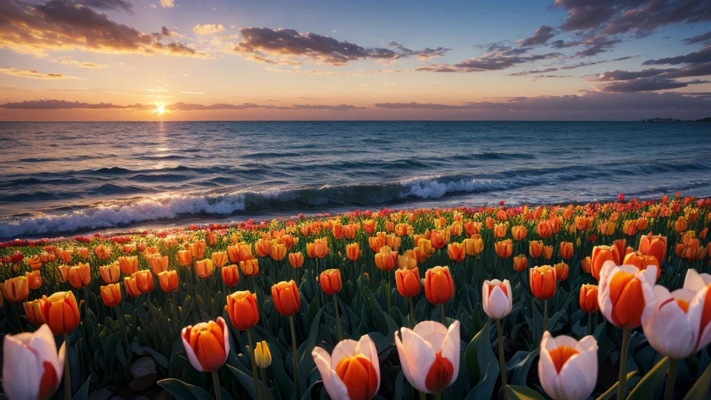 masterpiece , best quality ,sunset, field ,tulip white flower , big flower,realistic,seaside