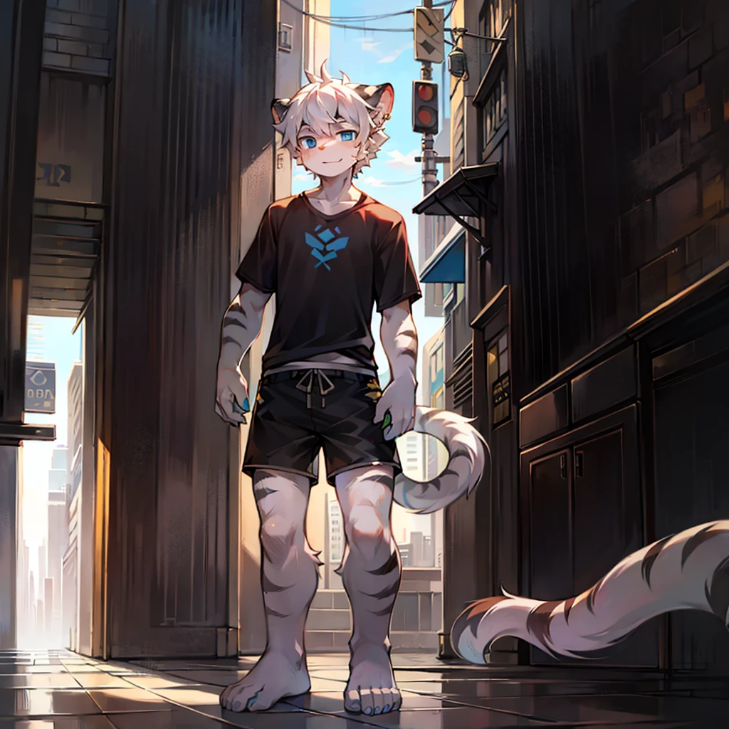 teenager, Short white hair, ear, Lower Body, City Streets,Stand on the ground,hairy, White hair everywhere, White hair everywhere, White Tiger, Tiger Tail, masterpiece, High quality portrait, Humanoid, youth style, posture, back, White Tiger型, Green short sleeves, Black shorts, super Handsome face, Handsome, Tiger Youth, blue eyes, White Tiger, white ear, barefoot