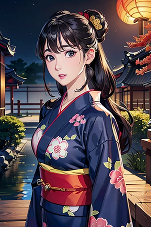 (Highest quality、 8k wallpaper、masterpiece、High resolution)、Vibrant colors、Ample breasts、Black hair in a Japanese round topknot、Beautiful girl in yukata、(Highly detailed face and eyes、Beautiful Face、Beautiful Eyes、Beautiful nose、Pretty lips)、A friendly gaze、Highly detailed background、Japanese garden、moonlight、Autumn scenery、Cowboy Shot、Official Art、