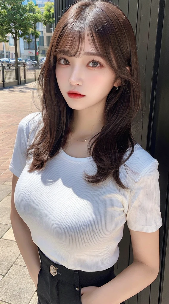 ((top quality, 8k, masterpiece: 1.3)), sensual woman, 1 girl, (slender figure: 1.2), dark brown hair, (outdoor, shirt, shorts: 1.1), ultra detailed face, detailed lips, detailed eyes, double eyelids, (huge breasts: 1.2)