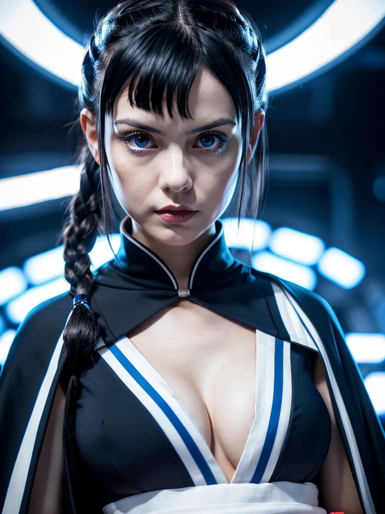 Incredibly detailed wide angle shot of a skinny woman with small breast,flat chest,small breast,a narrow waist, (bimbo lips), vivid blue eyes, extremely detailed face, thoughtful expression, (long ((black)) hair styled in bun), Star Wars Imperial Officer black uniform, ((white) admiral cape), matte paint, atmospheric, dramatic lighting, standing inside an imperial space ship