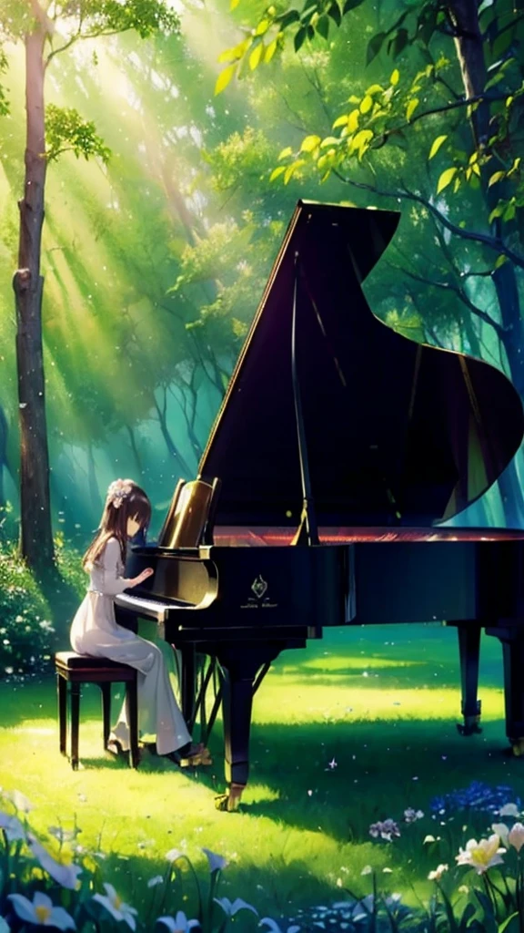 (((masterpiece)))、(((top-quality)))、((ultra-detailliert))、in woods、(piano)、play、flower bloom、Animals listen、Small animals、Fall in love with it、Calm、Light shines、Circular light、blows wind、