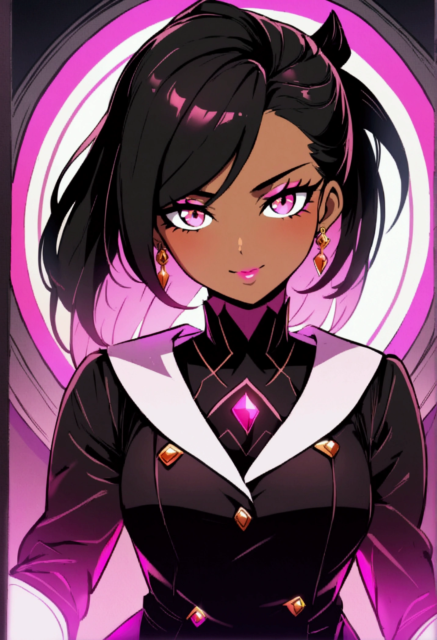 1 girl, Sombra from overwatch, (dark skinned:1.2), school girl, school class background, modern anime style, facing the viewer, upper body